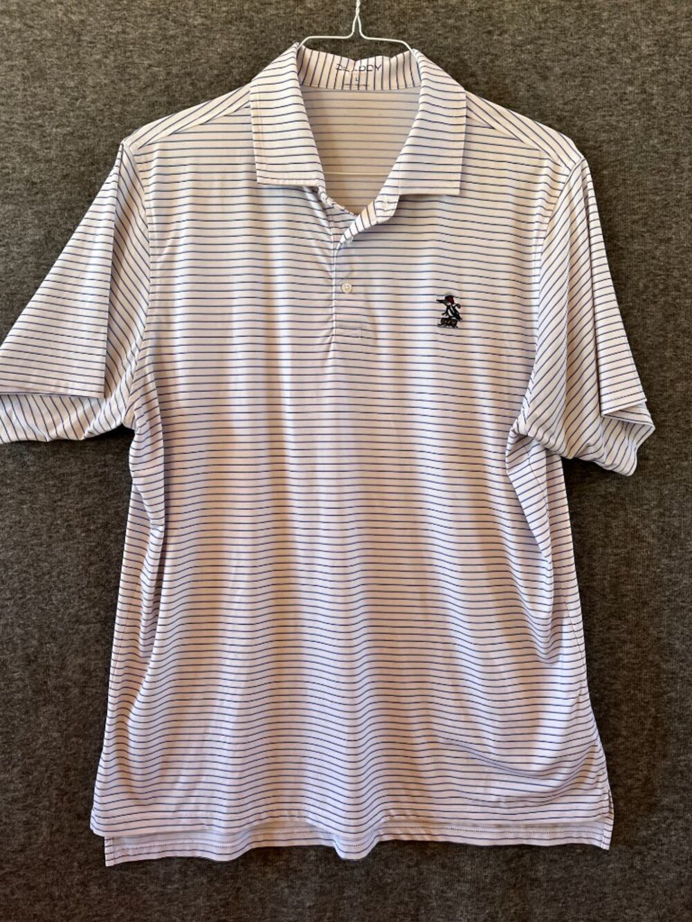 Draddy sport blue and white stripe golf shirt mens L short sleeve 75/25 poly/spa
